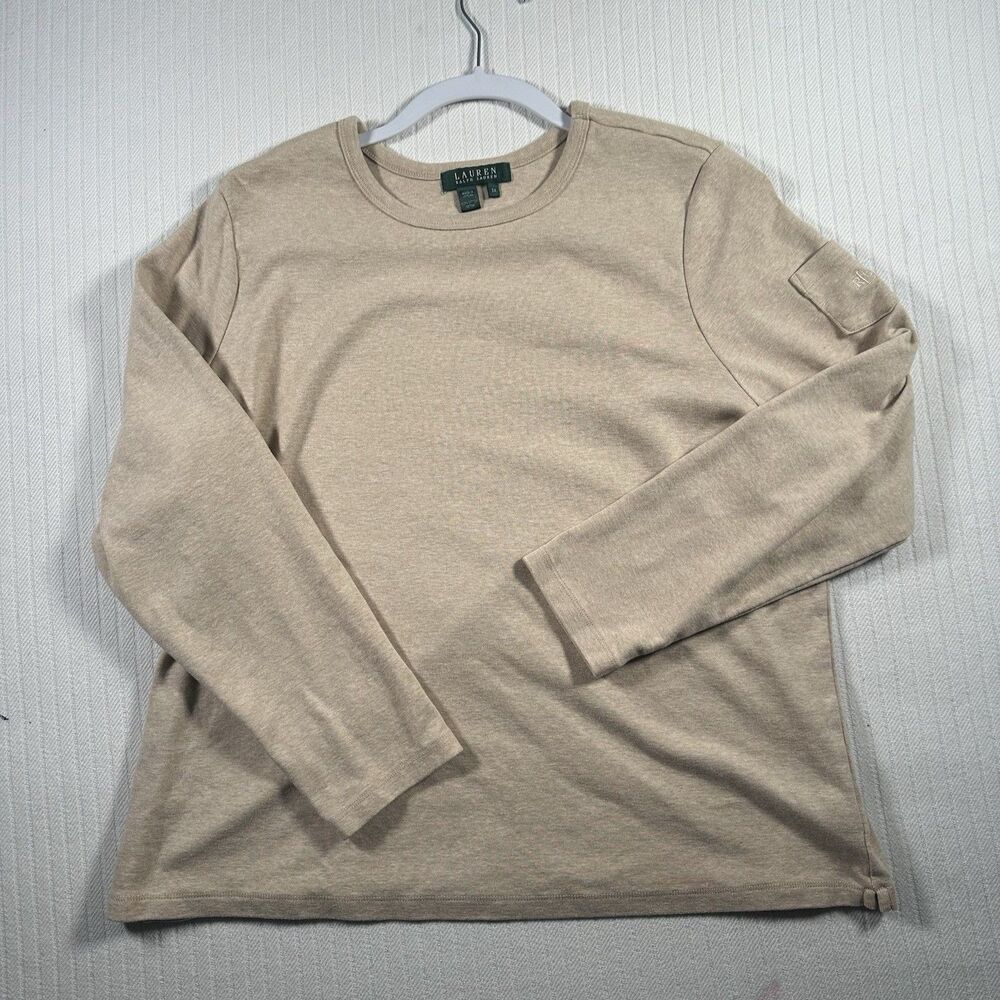 Lauren Ralph Lauren Women’s 2X Long Sleeve Crewneck Shirt Beige Tan Cotton Top